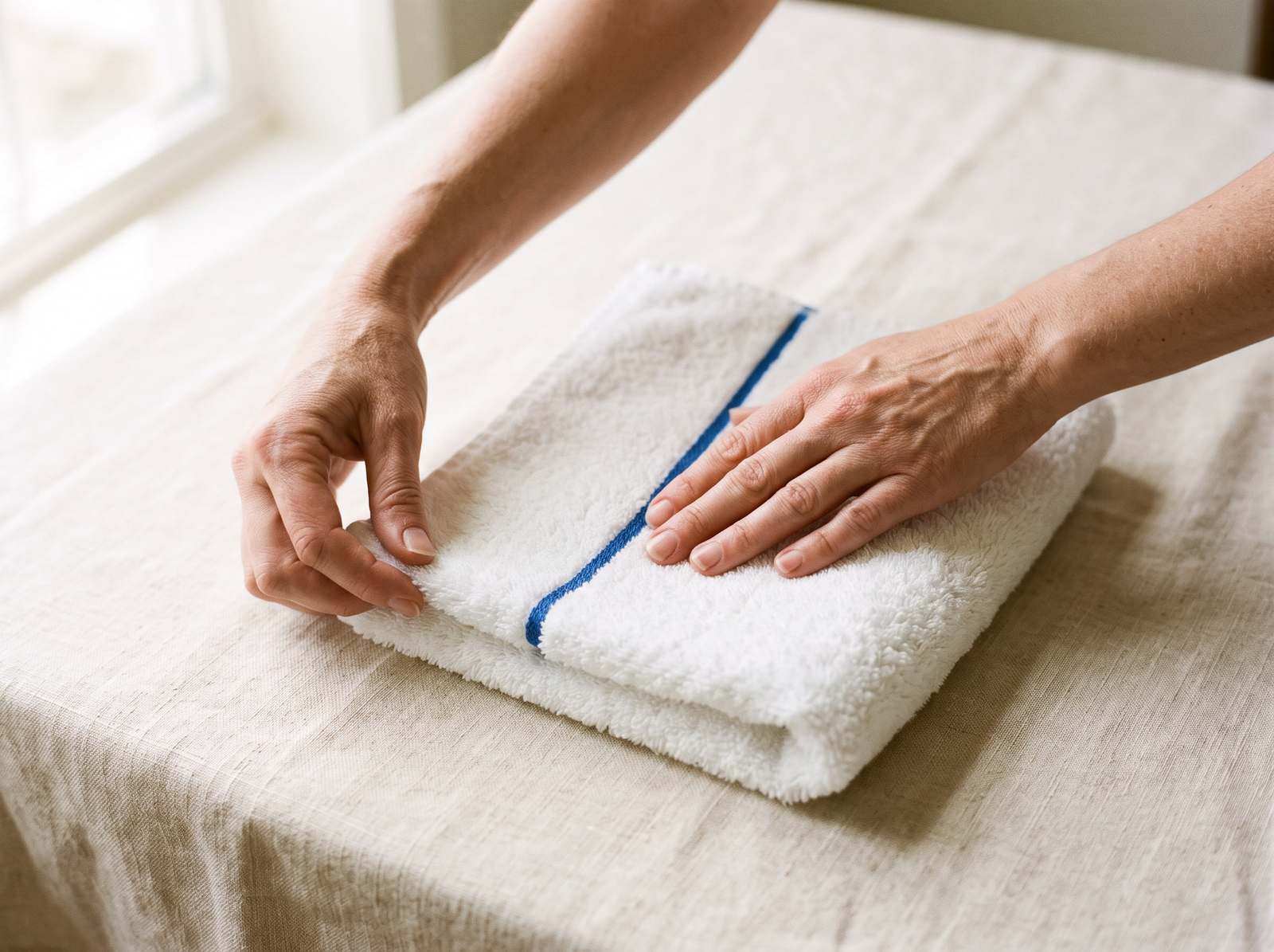 Hands folding a soft white towel with a blue stripe