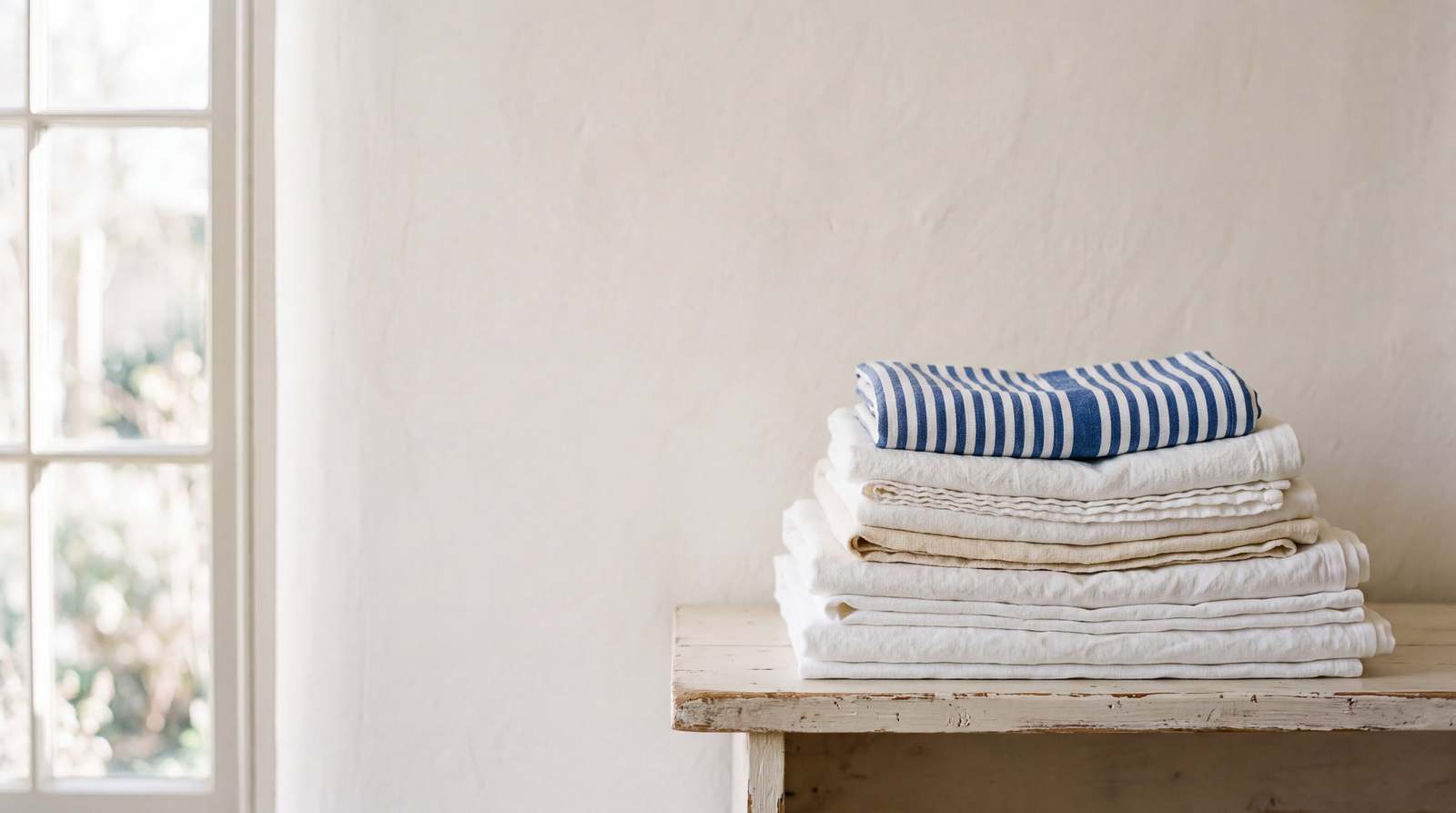 Freshly folded white and blue-striped towels stacked on a shelf in soft daylight