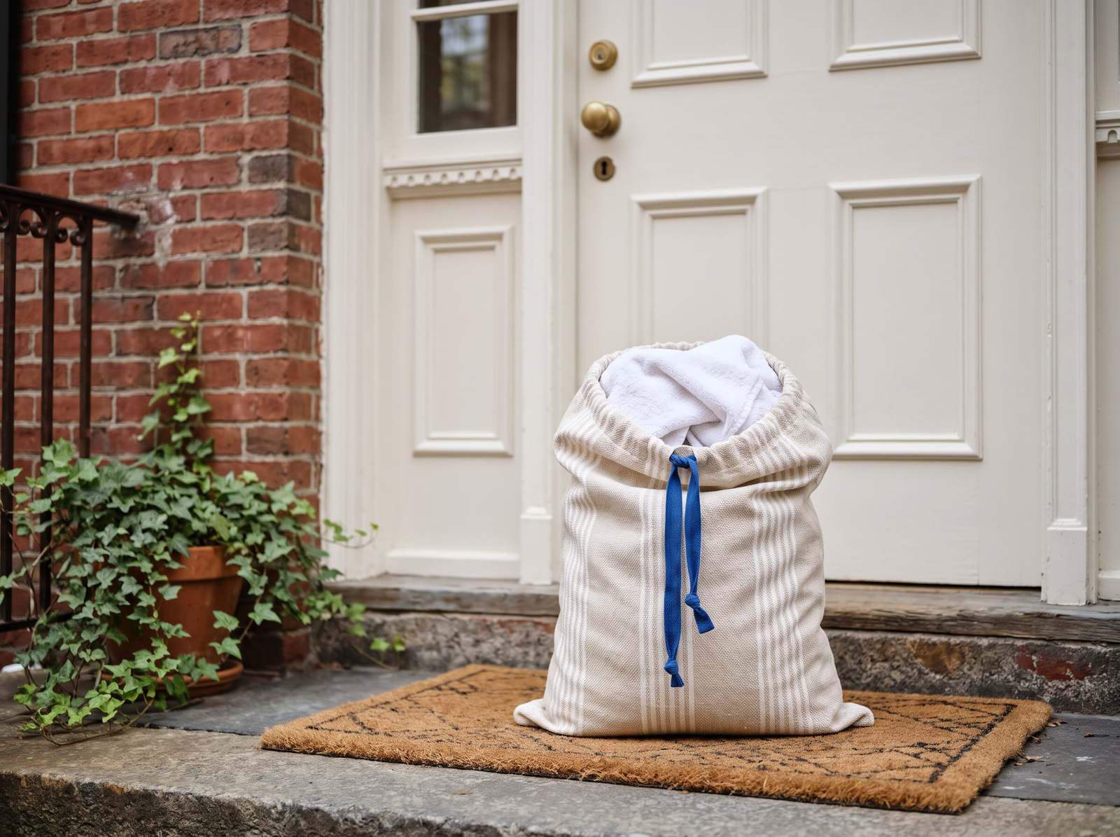 A laundry bag with a blue drawstring waiting on a doormat at a front door